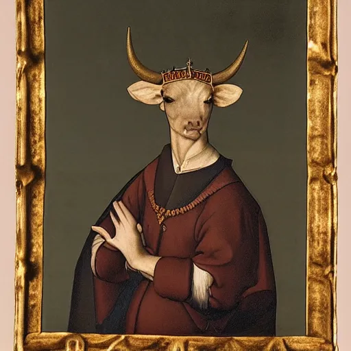 Image similar to a renaissance style portrait of Cattle (Bos taurus) wearing a crown and a cape, dark background