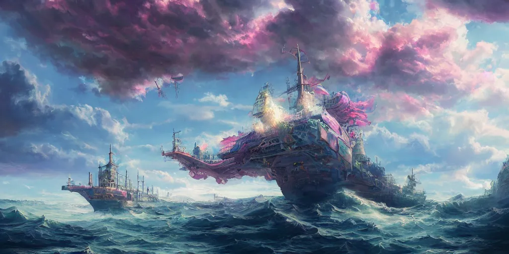 Image similar to a ship floating high in the clouds, fantasy, trending on artstation, digital art, hyper detailed, hyper colorful, cinematic