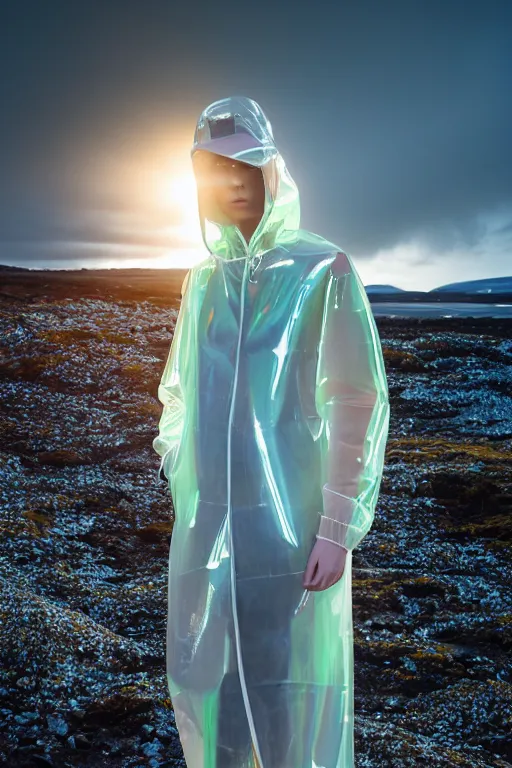 Image similar to an ultra high definition professional high fashion portrait studio full length photograph of a model wearing a transparent pearlescent raincoat and neon visor in an icelandic black rock environment at dawn. no artefacts. extremely detailed. stark. refraction. shallow depth of field. volumetric light and shadow. ray tracing. light rays.