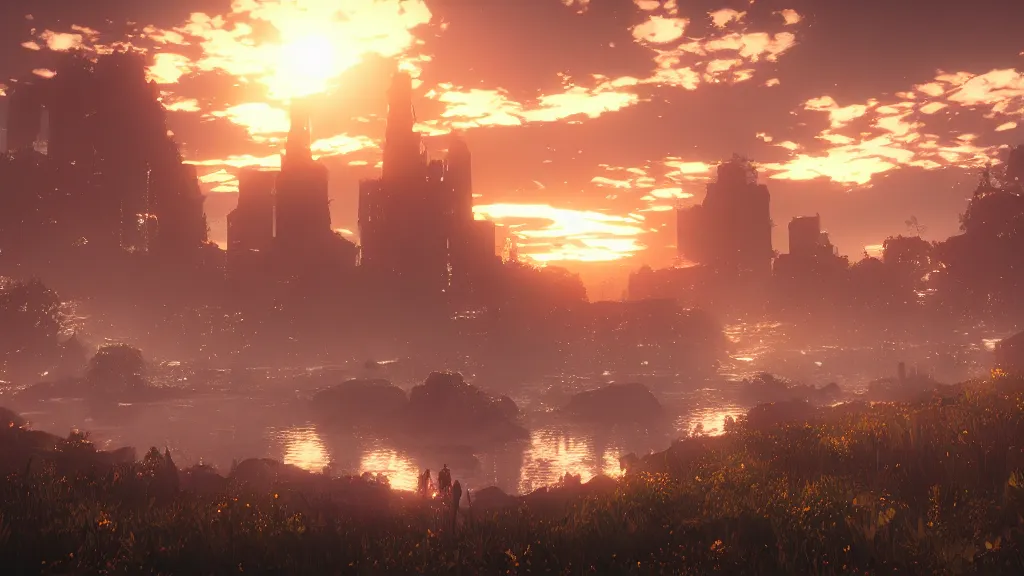 Image similar to beautiful Nier Automata landscape, sunset