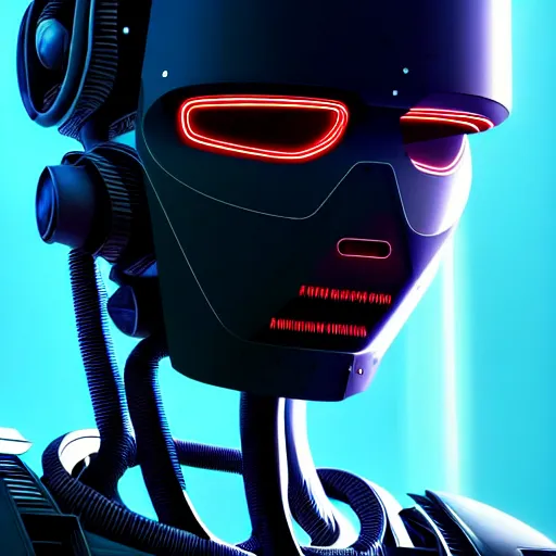 Image similar to colour brutal caravaggio style close up photography of highly detailed cyberpunk robot wearing futuristic sci - fi system administrator uniform designed by ian mcque and working in highly detailed sci - fi data centre designed by josan gonzalez, many details, volumetric led natural light in style of josan gonzalez and mike winkelmann and andgreg rutkowski and alphonse muchaand