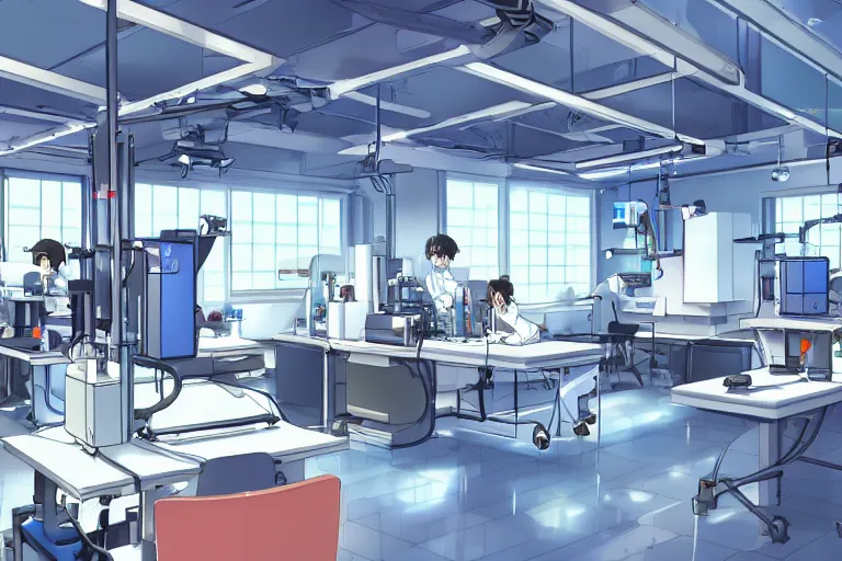 Prompt: a high - tech science research laboratory, detailed, in the style of makoto shinkai