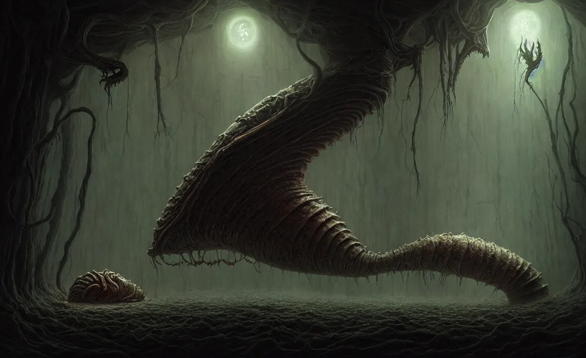 Image similar to epic professional digital art of hungry giant alien slug, eerie atmospheric lighting, painted, detailed, intricate, impressive, foreboding, by leesha hannigan, reyna rochin, wayne barlowe, mark ryden, iduncan halleck, hdr, 8 k, epic, stunning, gorgeous, much wow, cinematic, masterpiece