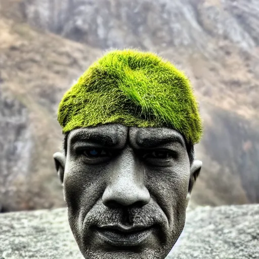 Image similar to a grey mossy rock with the face of dwayne johnson, shot on iphone 1