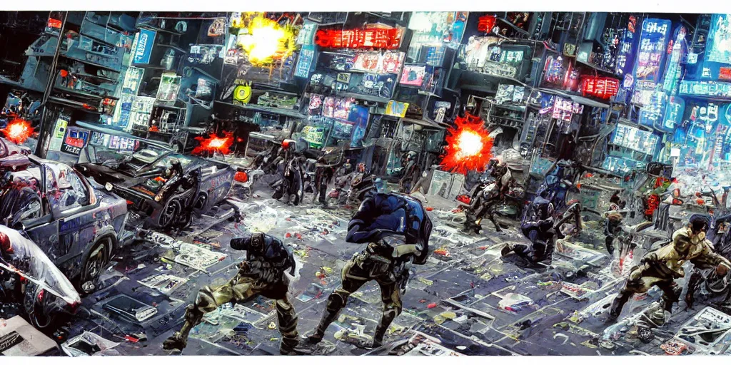 Image similar to 1992 Video Game Concept Art, Anime Neo-tokyo Cyborg bank robbers vs police, Set in Cyberpunk Bank Vault, bags of money, Multiplayer set-piece :9, Police officers hit by bullets, Police Calling for back up, Bullet Holes and Blood Splatter, :6 ,Hostages, Smoke Grenades, Large Caliber Sniper Fire, Chaos, Cyberpunk, Money, Anime Bullet VFX, Machine Gun Fire, Violent Gun Action, Shootout, Escape From Tarkov, Payday 2, Highly Detailed, 8k :7 by Katsuhiro Otomo + Studio Gainax : 8