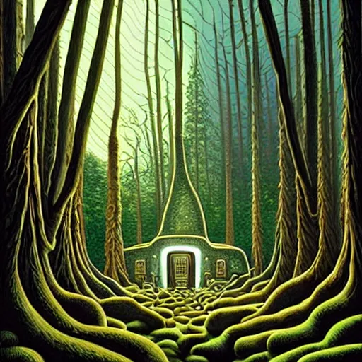 Image similar to an ancient futuristic druidic village in the woods, painting by jeffrey smith