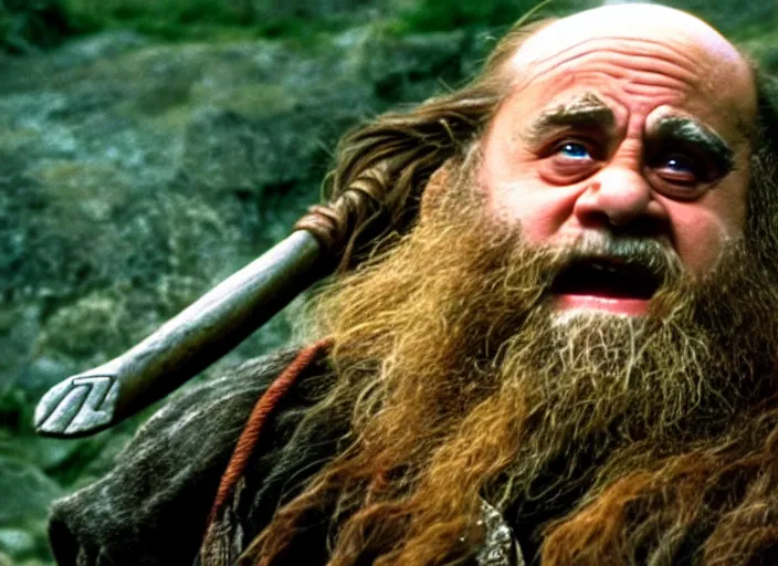 Image similar to film still of danny devito as gimli in lord of the rings movie, 8 k