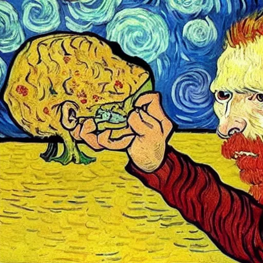 Prompt: A photo of van gogh eating a brain, horror, blood