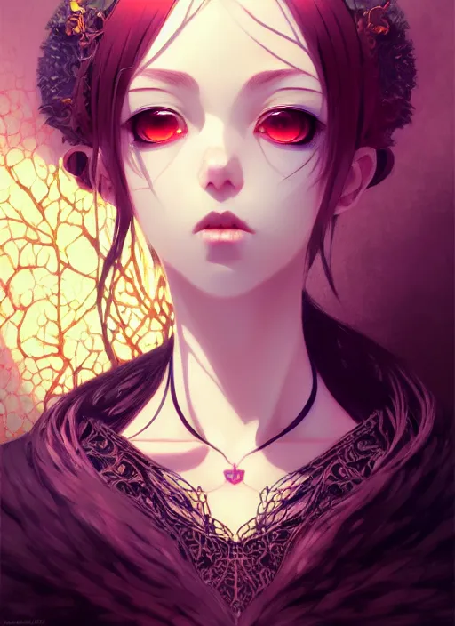 Image similar to portrait of beautiful gothic girl, cute face, intricate, highly detailed, digital painting, official media, anime key visual, concept art, rich vivid colors, ambient lighting, sharp focus, illustration, art by wlop and ilya kuvshinov and makoto shinkai and range murata and gustav klimt