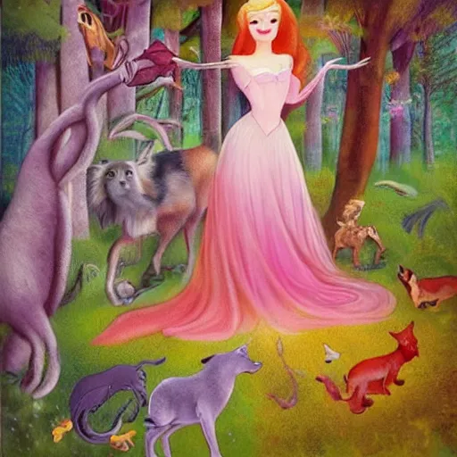 Image similar to A beautiful body art of Princess Aurora singing in the woods while surrounded by animals. She looks so peaceful and content in the company of the animals, and the colors are simply gorgeous. by Victor Adame Minguez, by Alice Rahon