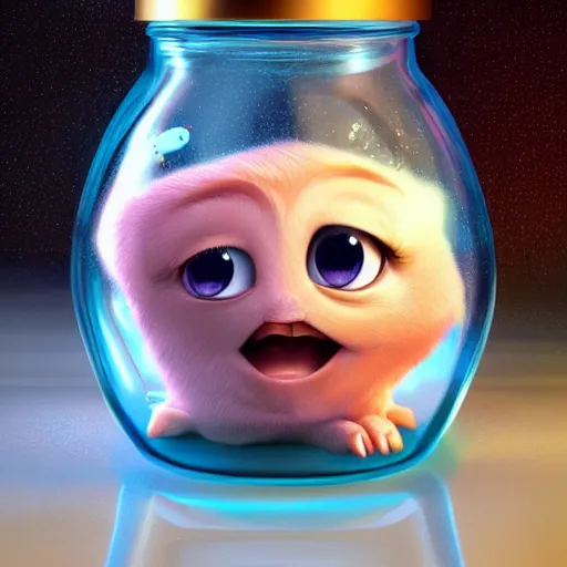 Image similar to cutie creature in a jar, digital art, 3 d, maya render, masterpiece, mega detailed, pixar, disney, vivid illustration, fantasy