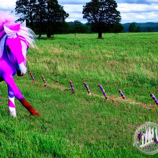 Prompt: purple pony trotting through a cotton candy and candy cane field