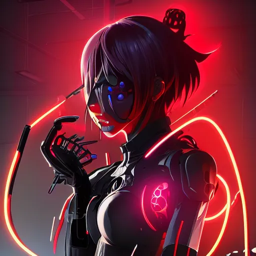 Prompt: digital anime in the style of arcane!!, cyborg - girl hacking into the reality, black red long hair!, biomechanical details, neon background lighting, reflections, wlop, ilya kuvshinov, artgerm