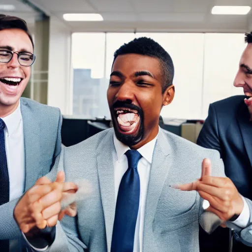 Image similar to stock photo of three people laughing wearing suits and ties in an office building, 8k resolution, full HD, cinematic lighting, award winning, anatomically correct