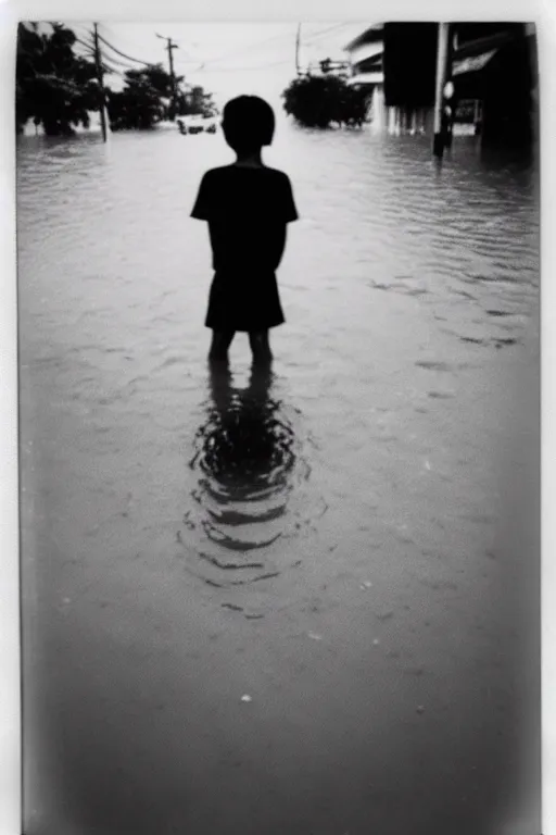 Image similar to photo polaroid of sad and lonely child in the middle of a completely flooded street in bangkok, loneliness, black and white ,photorealistic, 35mm film,