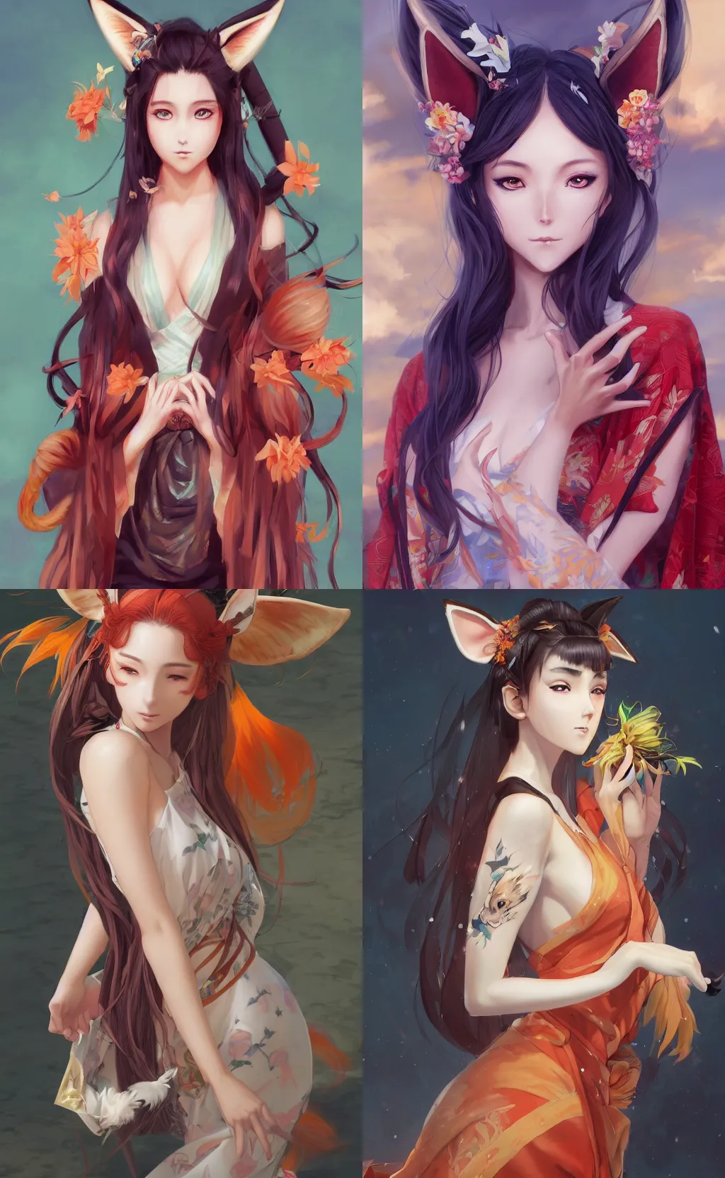 Prompt: A beautiful realistic anime-style digital painting of a beautiful young woman with fox ears and nine tails wearing a kimono, by Stanley Artgerm Lau, WLOP, Rossdraws, James Jean, Andrei Riabovitchev, Marc Simonetti, and Sakimichan, tranding on artstation, SFW version