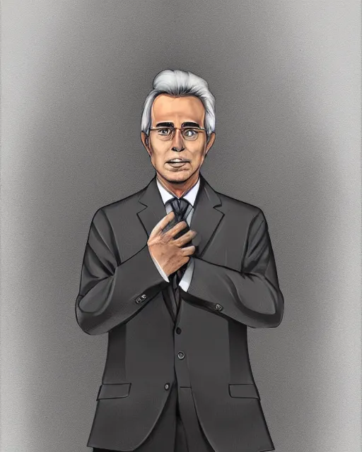 Prompt: Digital presidential anime art of Alvaro Uribe Velez by A-1 studios, serious expression, empty warehouse background, highly detailed, spotlight