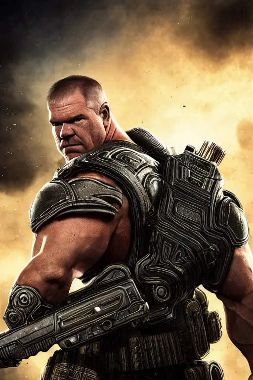 Image similar to jocko willink as a muscular Gears of War character commanding, photorealism, half body, HDR ambient background, unreal engine 5, hyperrealistic, highly detailed, XF IQ4, 150MP, 50mm, F1.4, ISO 200, 1/160s, cinematic lights, Adobe Lightroom, photolab, Affinity Photo, PhotoDirector 365, realistic