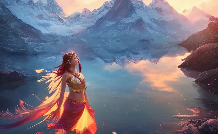 Prompt: Himalayan priestess dancing on water, beautiful flowing fabric, sunset, dramatic angle, 8k hdr pixiv dslr photo by Makoto Shinkai rossdraws and Wojtek Fus