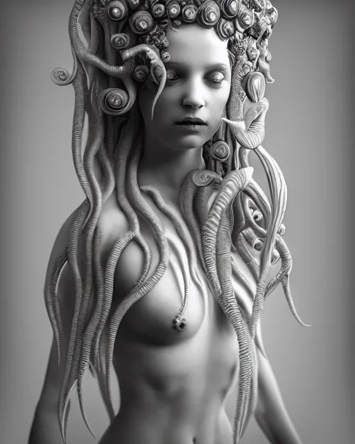 Image similar to mythical dreamy underwater artistic black and white 3 d render of a translucent beautiful young female angelic - medusa - vegetal - doll, highly detailed, intricate crystal ivy jelly ornate, poetic, translucent algae ornate, digital art, octane render, 8 k artistic photography, photo - realistic, hg giger flora borsi