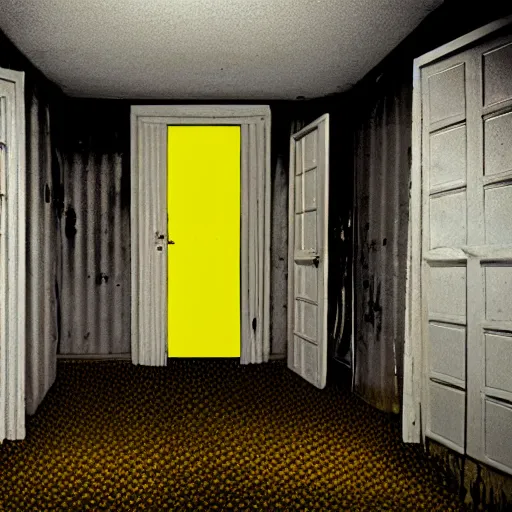 Image similar to Creepy creature in the backrooms, old moist carpet, mono-yellow, fluorescent lights, randomly segmented rooms, eerie