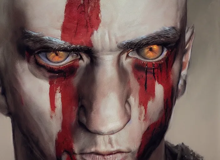 Image similar to a highly detailed beautiful portrait of eminem as kratos, by gregory manchess, james gurney, james jean