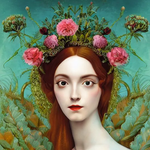 Image similar to a detailed portrait of young woman in renaissance dress and a surreal renaissance headdress, very surreal garden, cyberpunk, surreal tea party, strange creatures, by christian schloe and botticelli, naotto hattori, amy sol, roger dean, moody colors