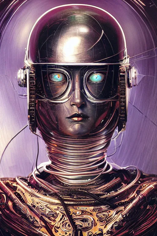 Image similar to retro-futuristic portrait of a beautiful damaged female android in old chrome armour with cables and wires and white liquid, ornate background, rim light, ornate pattern, glowing eyes, evil expression, high details, intricate details, renaissance painting by vincent di fate, artgerm julie bell beeple, 80s, Smooth gradients, High contrast, depth of field, very coherent symmetrical artwork