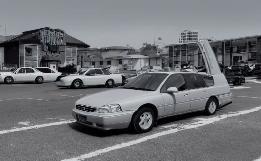 Prompt: VHS footage of a 1998 volvo car parked in the parking lot of a beach