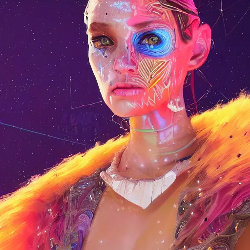 Prompt: colorful character portrait of a woman in the desert at night among the stars, set in the future 2 1 5 0, highly detailed face, very intricate, symmetrical, cinematic lighting, award - winning, painted by mandy jurgens, pan futurism, dystopian, bold colors, dark vibes, cyberpunk, groovy vibe, anime aesthetic, featured on artstation