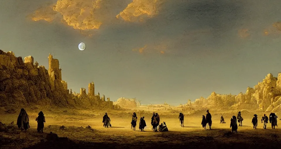 Prompt: group of pilgrims walking through the desert with the moon on the horizon, in the style of samuel prout