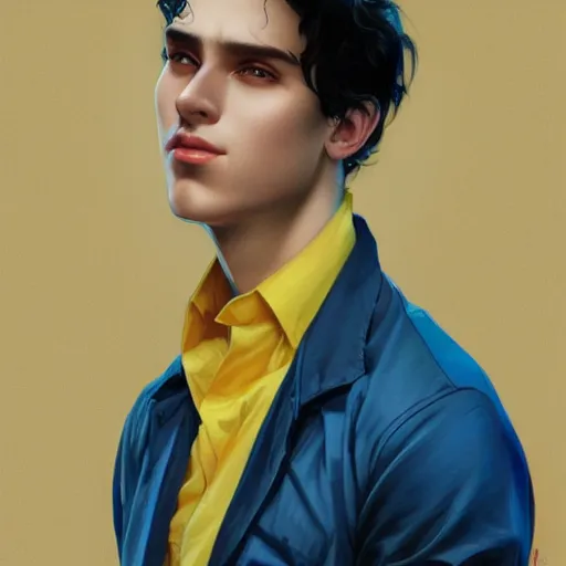 Image similar to ultra realistic illustration, a young man with black hair, in a checkered yellow shirt, with blue eyes, highly detailed, digital painting, artstation, concept art, smooth, sharp focus, illustration, art by artgerm and greg rutkowski and alphonse mucha