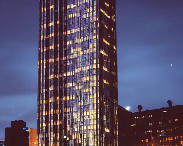 Prompt: a very tall building lit up at night, a photo by richard wilson, featured on flickr, brutalism, nightscape, flickering light, chiaroscuro