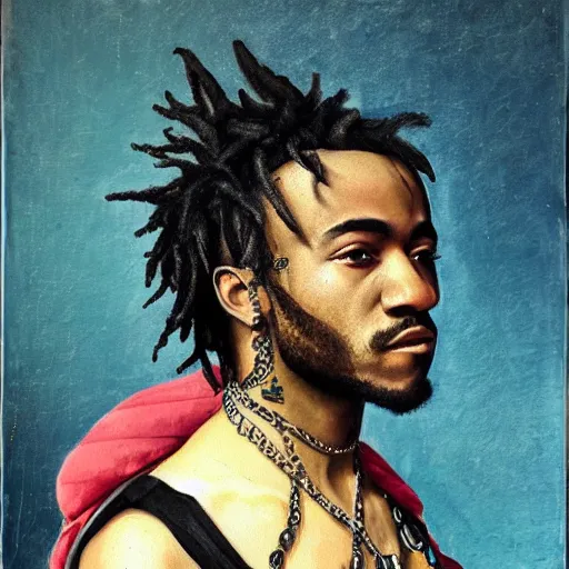 Image similar to Renaissance portrait painting of a punk Lil Uzi Vert, realistic