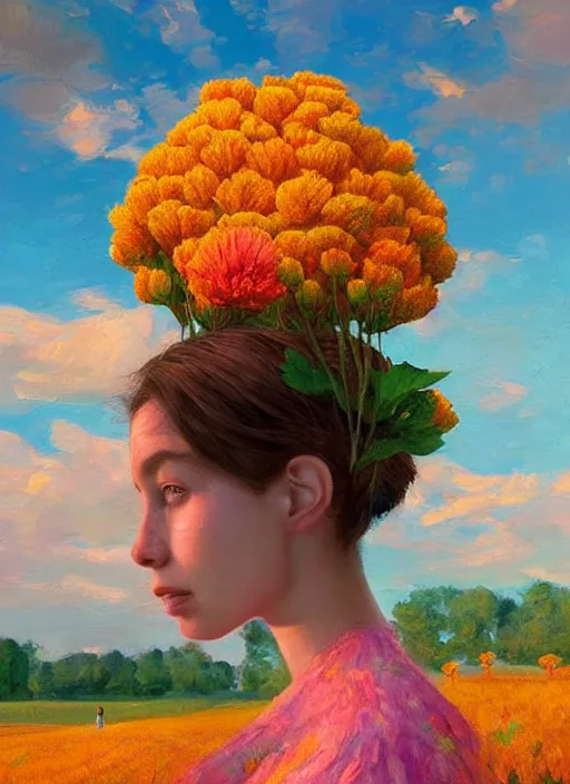 Image similar to portrait of a woman, face made of giant carnation, flower field, surreal photography, sunset dramatic light, impressionist painting, colorful clouds, large sky, digital painting, artstation, simon stalenhag