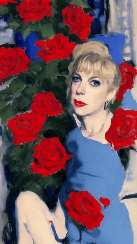 Image similar to portrait of julee cruise in lynch pattern, big persian detailed pot of red roses, blue and red lights painted by john singer sargent