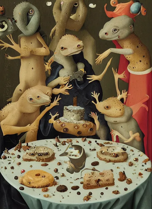 Image similar to a bunch of geckos eating cakes painted by hieronymous bosch, detailed digital art, trending on Artstation