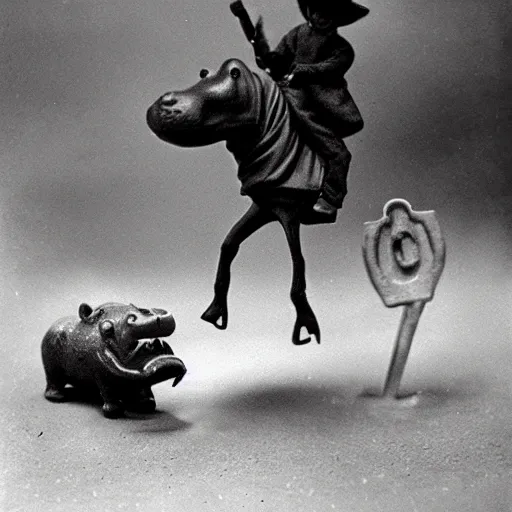 Prompt: a vintage photograph of the Grim Reaper riding a tiny hippo