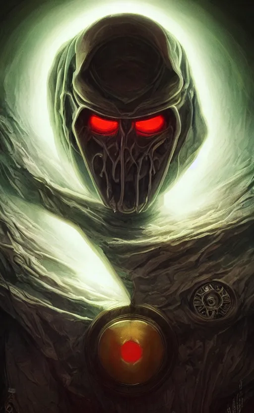 Image similar to dark horror doctor doom cosmic mf doom glowing bright eyes, platinum skin, centered, digital painting, artstation, concept art, smooth, sharp focus, illustration, artgerm, tomasz alen kopera, peter mohrbacher, donato giancola, joseph christian leyendecker, wlop, frank frazetta