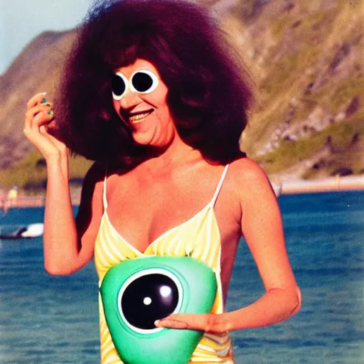 Image similar to 1976 woman wearing a happy squishy inflatable prosthetic mask with googly eyes, soft color wearing a swimsuit at the beach 1976 color film 16mm holding a an inflatable fish Fellini John Waters Russ Meyer Doris Wishman old photo