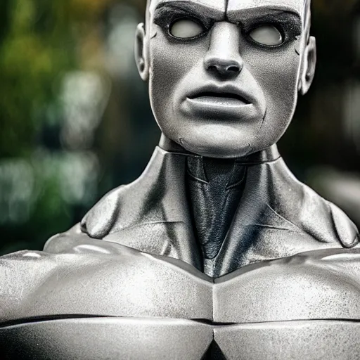 Image similar to a realistic detailed photo of a guy who is an attractive humanoid who is half robot and half humanoid, who is a male android, wrestler finn balor, shiny skin, posing like a statue, blank stare, by the pool, on display, showing off his muscles, humanoid robot, frozen ice statue