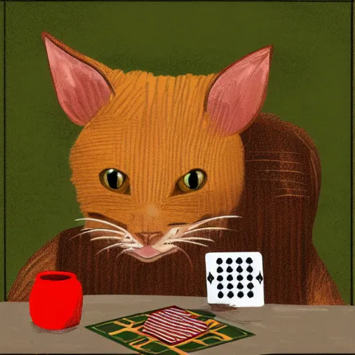 Prompt: digital art of ginger striped cat sitting at a table playing cards with an ox dressed in a green suede suit
