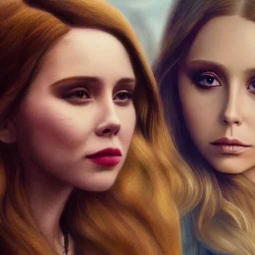 Image similar to lana del rey fighting Elizabeth olsen, photorealistic, high detail