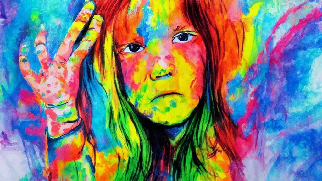 Prompt: Fingerpaint artwork of a young girl