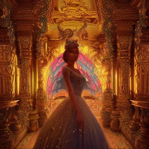 Image similar to portrait of princess, beautiful, attractive, glowing, ornate and intricate, jaw dropping, dynamic lighting, colorful, fairy tale, intricate and detailed, 4 k octane render