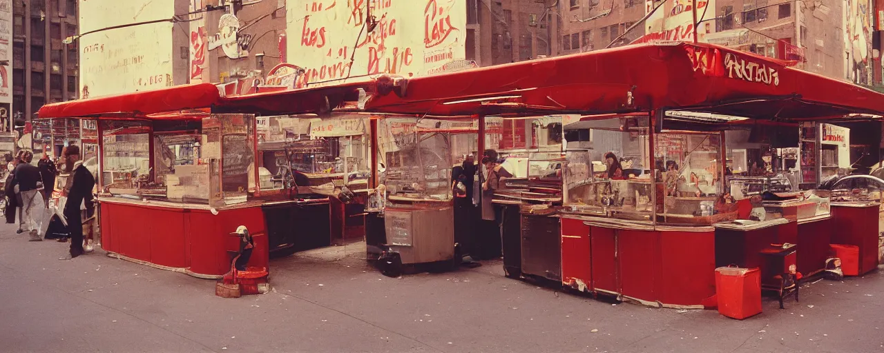 Image similar to spaghetti stand in downtown nyc, kodachrome, in the style of richard avedon, retro