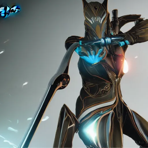 Prompt: photograph of mag!!!!!!!! warframe holding a katana!!!!!!!, 8k resolution, high detail, ULTRA REALISTIC VFX, reflections