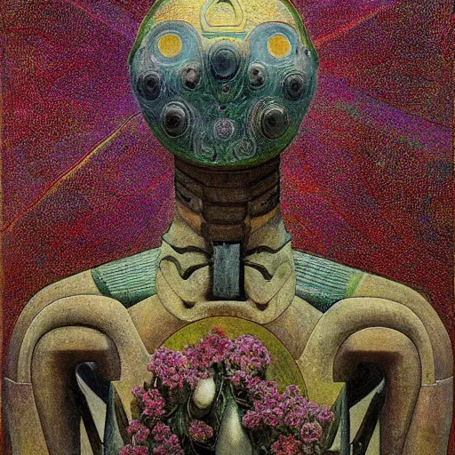 Prompt: portrait of a robot wearing a facemask made of flowers, by annie swynnerton and jean delville and rufino tamayo and edward hopper and evelyn de morgan, art deco flower shaman, art brut, outsider art, symbolist, dramatic lighting, god rays, elaborate geometric ornament, clean crisp graphics, smooth sharp focus, extremely detailed, adolf wolfli