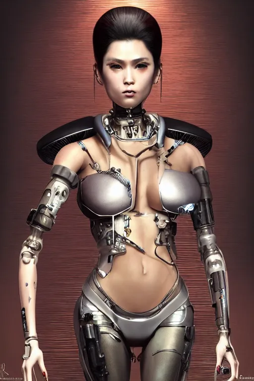 Image similar to Photorealistic illustration, full body geisha cyborg balanciaga fashion show , with fashion clothe, six digital eyes by sorayama , cyberpunk 2077, sci-fi, futuristic, intricate, elegant, highly detailed, digital painting, artstation, concept art, smooth, sharp focus, art by artgerm, greg rutkowski and alphonse mucha