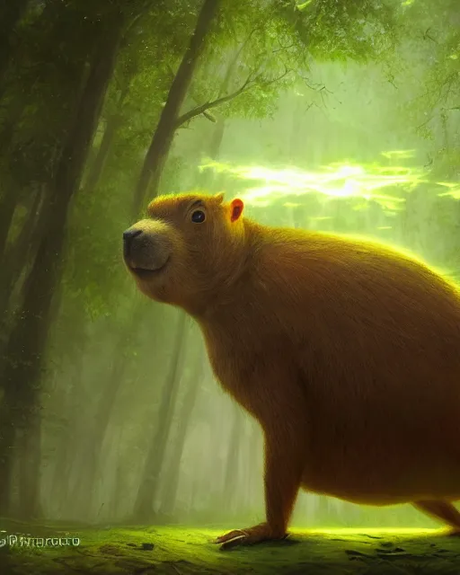 Prompt: oil painting of Anthropomorphized Capybara Druid, casting green nature magic spell, glowing eyes, sharp focus, fantasy style, octane render, volumetric lighting, 8k high definition, by greg rutkowski, highly detailed, trending on art Station, magic the gathering artwork, magical forest backround, centered